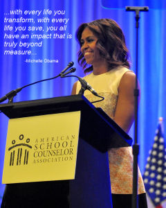 Michelle Obama speaking at the American School Counselor Association National Conference in Orlando, FL. Image Source: ASCA Facebook Page (modified by Gunderson Productions)